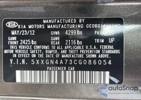 2012 Kia Optima Ex z USA, uszkodzony, nr VIN 5XXGN4A73CG086054